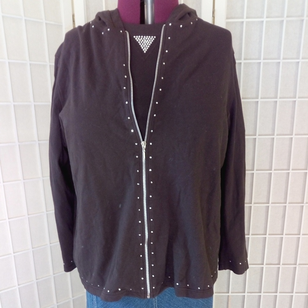Rhinestone Trimmed Brown Hoodie Jersey twinset